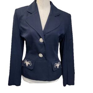 Tina Hagen Navy Blue Vintage Blazer Embellished Pearl Buttons Size Small